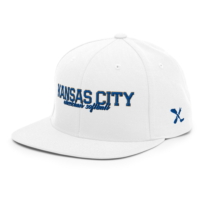 Front left angle of the MAS Kansas City Wheelchair Softball Script White Flat Bill Snapback against a white background