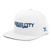 Front left angle of the MAS Kansas City Wheelchair Softball Script White Flat Bill Snapback against a white background