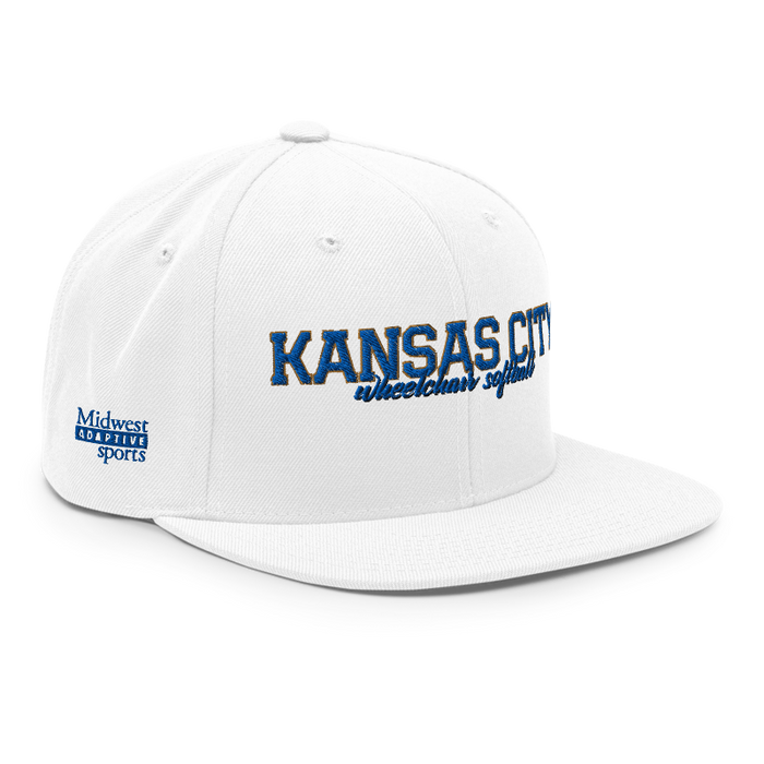 Front right angle of the MAS Kansas City Wheelchair Softball Script White Flat Bill Snapback against a white background