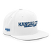 Front right angle of the MAS Kansas City Wheelchair Softball Script White Flat Bill Snapback against a white background