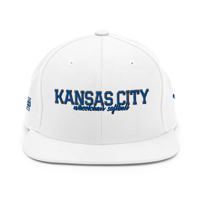 Front angle of the MAS Kansas City Wheelchair Softball Script White Flat Bill Snapback against a white background