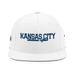 Front angle of the MAS Kansas City Wheelchair Softball Script White Flat Bill Snapback against a white background