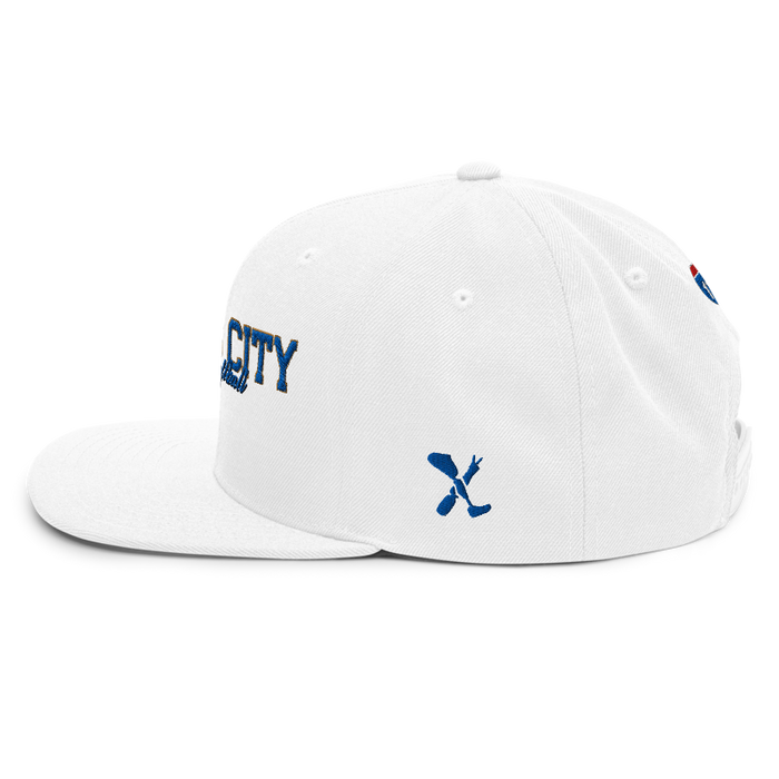 Left angle of the MAS Kansas City Wheelchair Softball Script White Flat Bill Snapback against a white background