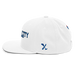 Left angle of the MAS Kansas City Wheelchair Softball Script White Flat Bill Snapback against a white background