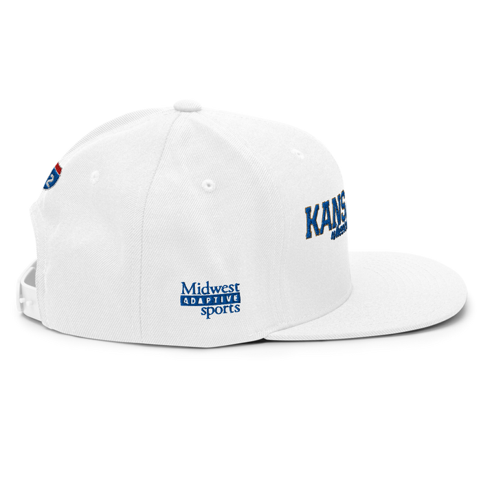 Right angle of the MAS Kansas City Wheelchair Softball Script White Flat Bill Snapback against a white background