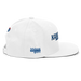 Right angle of the MAS Kansas City Wheelchair Softball Script White Flat Bill Snapback against a white background