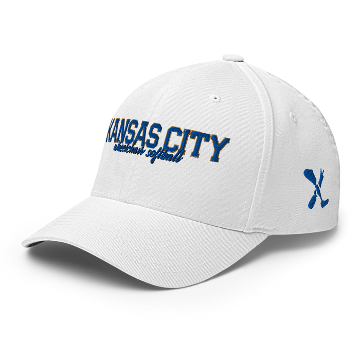 Front left angle of the MAS Kansas City Wheelchair Softball Script White Flexfit Curved Bill Fitted against a white background