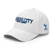 Front left angle of the MAS Kansas City Wheelchair Softball Script White Flexfit Curved Bill Fitted against a white background