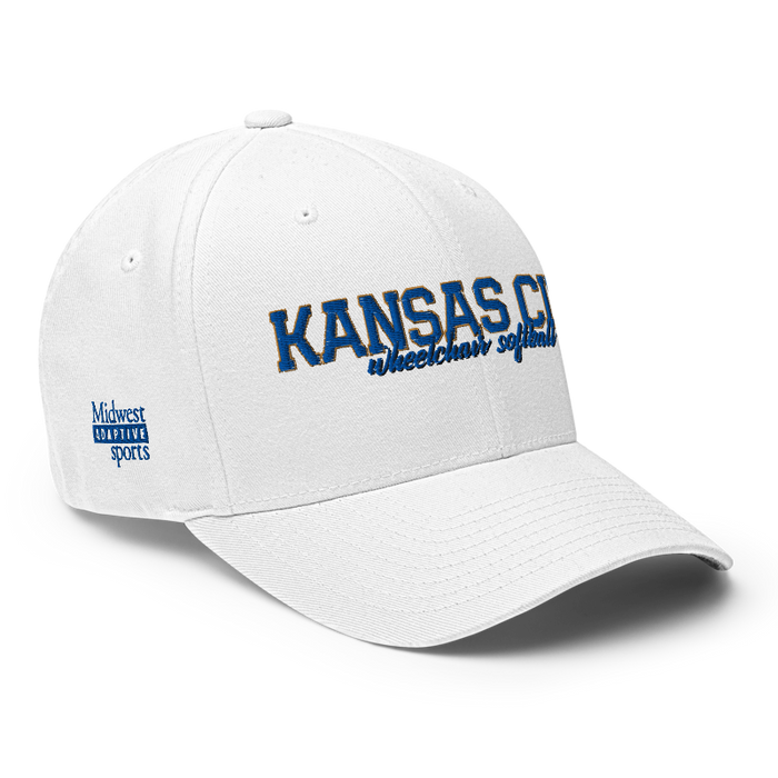 Front right angle of the MAS Kansas City Wheelchair Softball Script White Flexfit Curved Bill Fitted against a white background