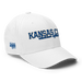 Front right angle of the MAS Kansas City Wheelchair Softball Script White Flexfit Curved Bill Fitted against a white background