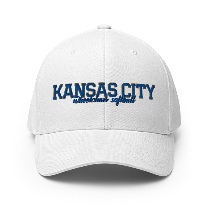 Front angle of the MAS Kansas City Wheelchair Softball Script White Flexfit Curved Bill Fitted against a white background