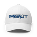 Front angle of the MAS Kansas City Wheelchair Softball Script White Flexfit Curved Bill Fitted against a white background