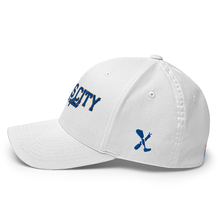 Left angle of the MAS Kansas City Wheelchair Softball Script White Flexfit Curved Bill Fitted against a white background