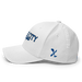 Left angle of the MAS Kansas City Wheelchair Softball Script White Flexfit Curved Bill Fitted against a white background