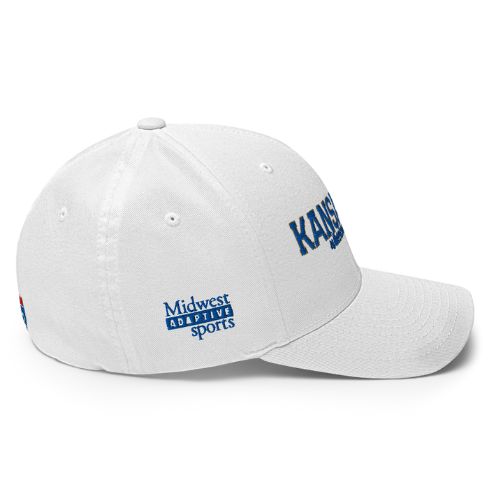 Right angle of the MAS Kansas City Wheelchair Softball Script White Flexfit Curved Bill Fitted against a white background