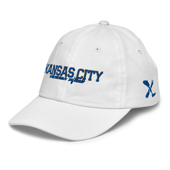 Front left angle of the MAS Kansas City Wheelchair Softball Script White Youth Dad Hat against a white background