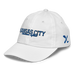Front left angle of the MAS Kansas City Wheelchair Softball Script White Youth Dad Hat against a white background