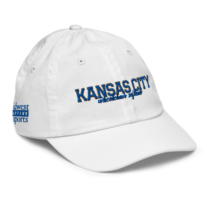 Front right angle of the MAS Kansas City Wheelchair Softball Script White Youth Dad Hat against a white background