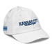 Front right angle of the MAS Kansas City Wheelchair Softball Script White Youth Dad Hat against a white background
