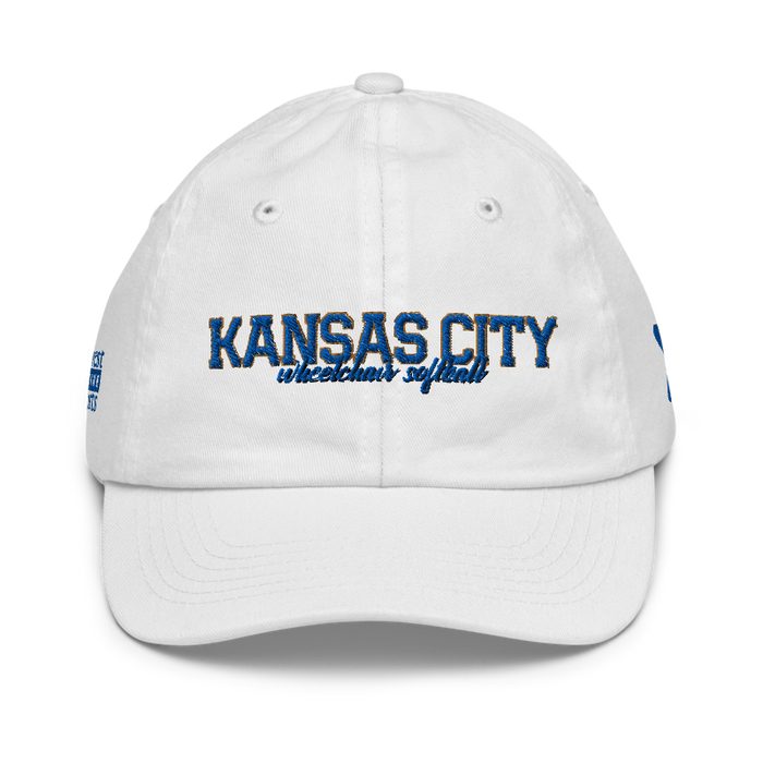 Front angle of the MAS Kansas City Wheelchair Softball Script White Youth Dad Hat against a white background