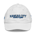 Front angle of the MAS Kansas City Wheelchair Softball Script White Youth Dad Hat against a white background