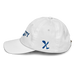 Left angle of the MAS Kansas City Wheelchair Softball Script White Youth Dad Hat against a white background