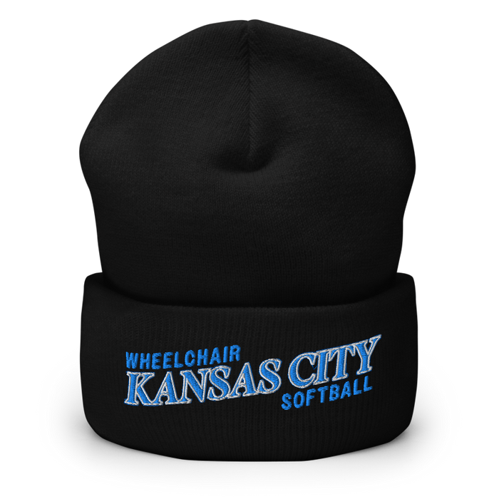 Front angle of the MAS Kansas City Wheelchair Softball Slant Black Beanie against a white background