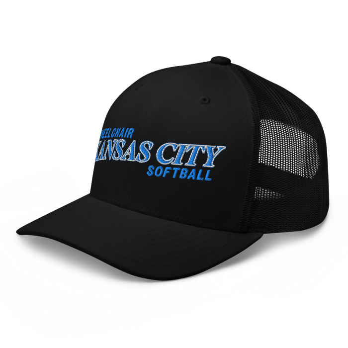 Front left angle of the MAS Kansas City Wheelchair Softball Slant Black Curved Bill Trucker Snapback against a white background