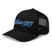 Front left angle of the MAS Kansas City Wheelchair Softball Slant Black Curved Bill Trucker Snapback against a white background