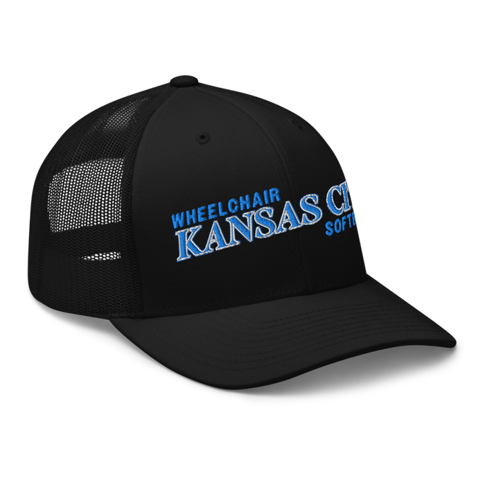 Front right angle of the MAS Kansas City Wheelchair Softball Slant Black Curved Bill Trucker Snapback against a white background