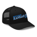 Front right angle of the MAS Kansas City Wheelchair Softball Slant Black Curved Bill Trucker Snapback against a white background
