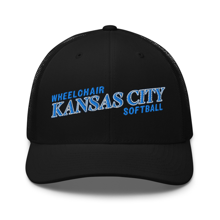 Front angle of the MAS Kansas City Wheelchair Softball Slant Black Curved Bill Trucker Snapback against a white background