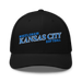 Front angle of the MAS Kansas City Wheelchair Softball Slant Black Curved Bill Trucker Snapback against a white background