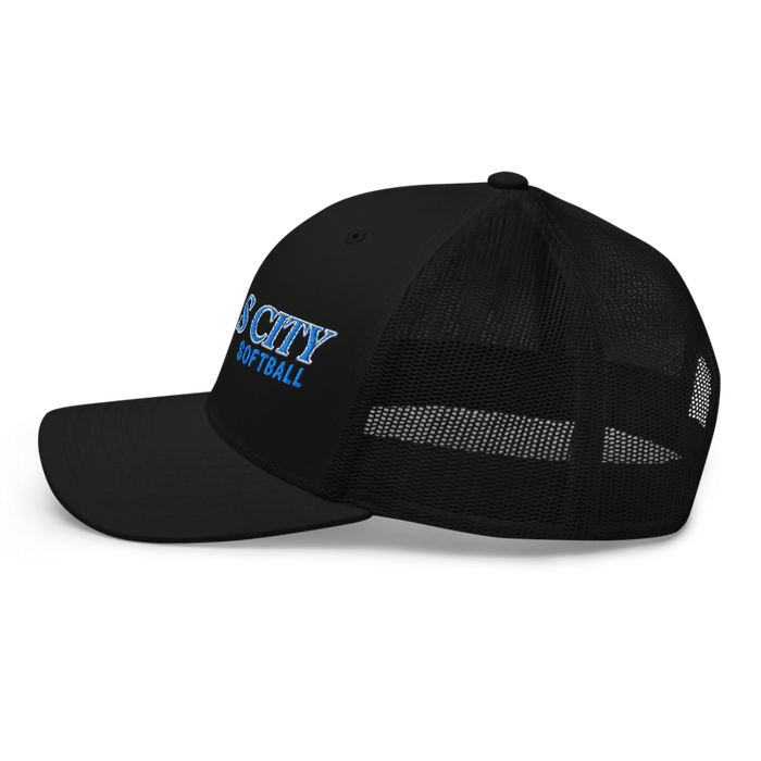 Left angle of the MAS Kansas City Wheelchair Softball Slant Black Curved Bill Trucker Snapback against a white background