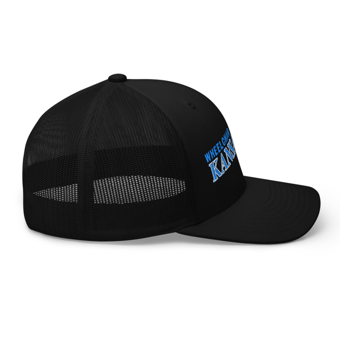 Right angle of the MAS Kansas City Wheelchair Softball Slant Black Curved Bill Trucker Snapback against a white background
