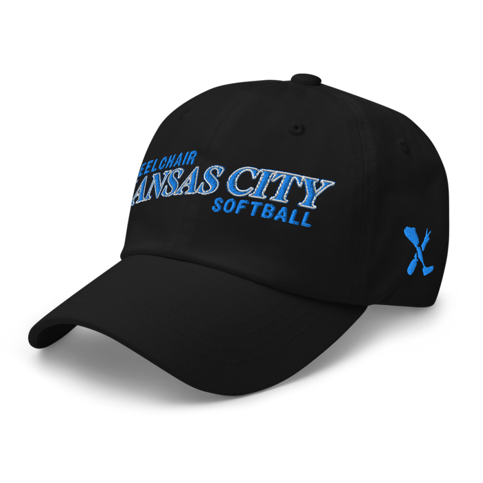 Front left angle of the MAS Kansas City Wheelchair Softball Slant Black Dad Hat against a white background