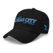 Front left angle of the MAS Kansas City Wheelchair Softball Slant Black Dad Hat against a white background