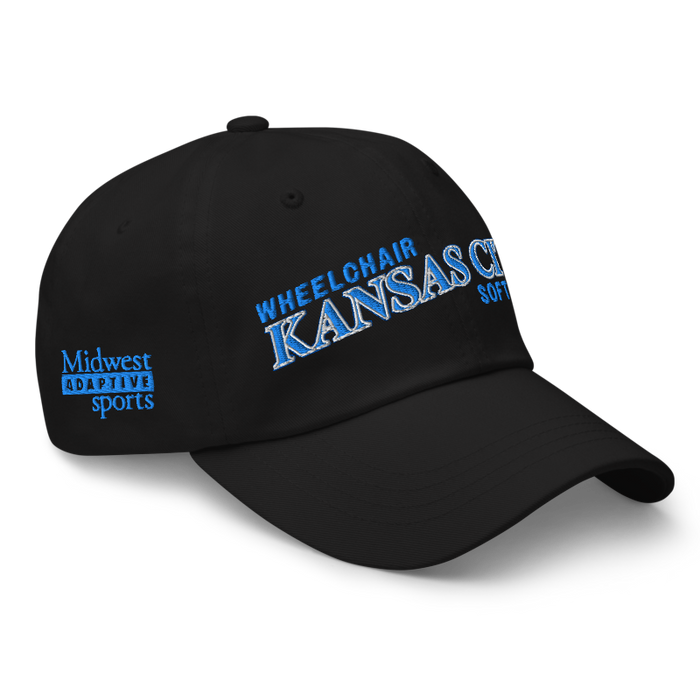 Front right angle of the MAS Kansas City Wheelchair Softball Slant Black Dad Hat against a white background