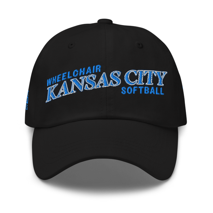 Front angle of the MAS Kansas City Wheelchair Softball Slant Black Dad Hat against a white background