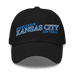 Front angle of the MAS Kansas City Wheelchair Softball Slant Black Dad Hat against a white background