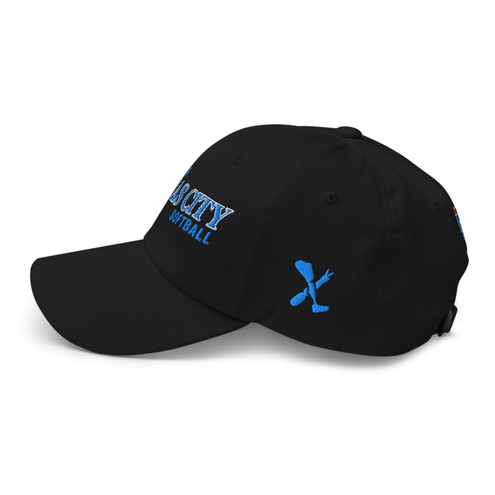 Left angle of the MAS Kansas City Wheelchair Softball Slant Black Dad Hat against a white background