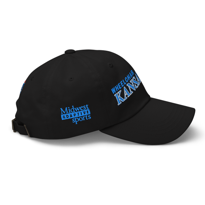 Right angle of the MAS Kansas City Wheelchair Softball Slant Black Dad Hat against a white background