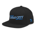 Front left angle of the MAS Kansas City Wheelchair Softball Slant Black Flat Bill Snapback against a white background
