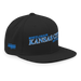 Front right angle of the MAS Kansas City Wheelchair Softball Slant Black Flat Bill Snapback against a white background