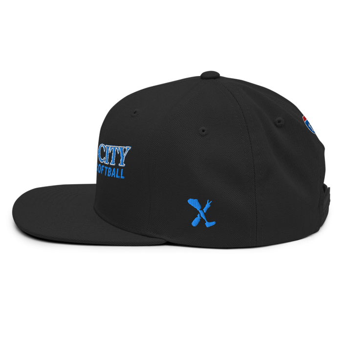 Left angle of the MAS Kansas City Wheelchair Softball Slant Black Flat Bill Snapback against a white background