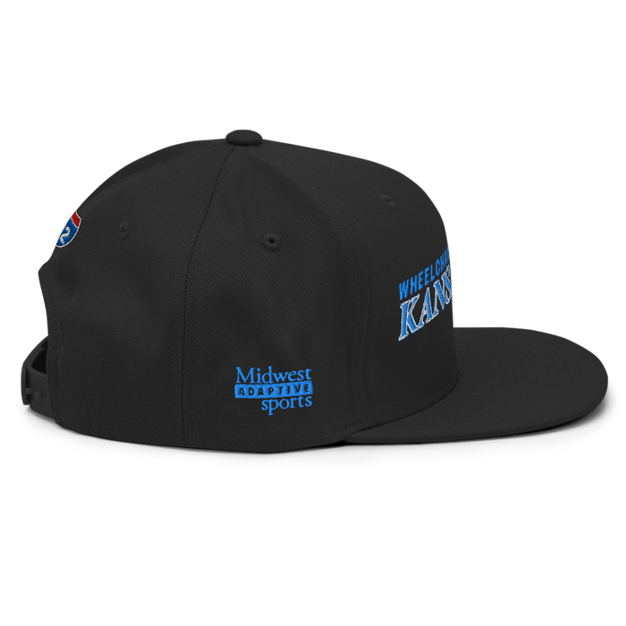 Right angle of the MAS Kansas City Wheelchair Softball Slant Black Flat Bill Snapback against a white background