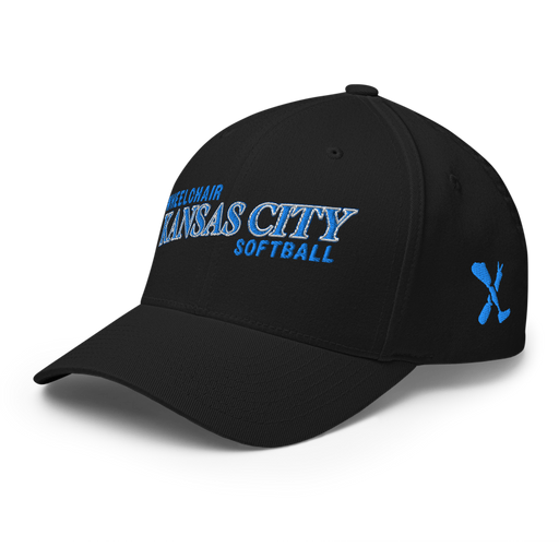 Front left angle of the MAS Kansas City Wheelchair Softball Slant Black Flexfit Curved Bill Fitted against a white background