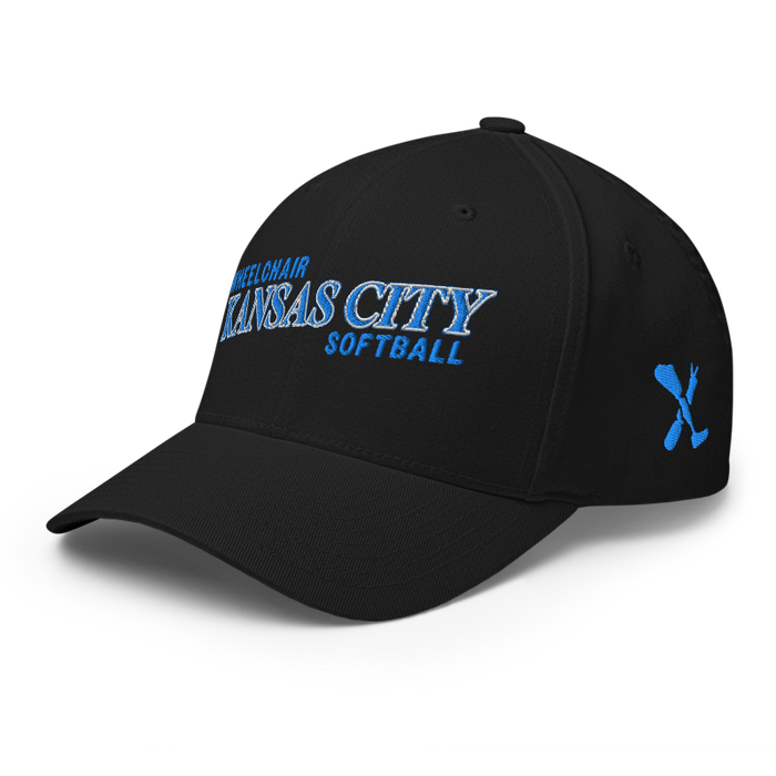 Front left angle of the MAS Kansas City Wheelchair Softball Slant Black Flexfit Curved Bill Fitted against a white background