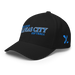 Front left angle of the MAS Kansas City Wheelchair Softball Slant Black Flexfit Curved Bill Fitted against a white background