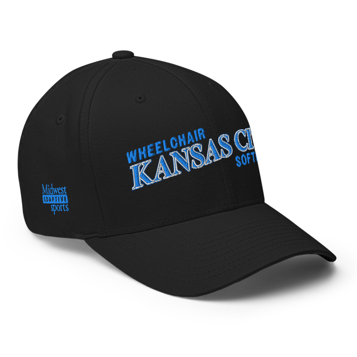 Front right angle of the MAS Kansas City Wheelchair Softball Slant Black Flexfit Curved Bill Fitted against a white background